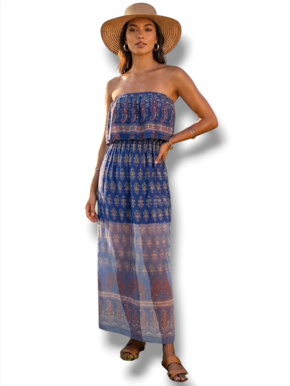 Soprano VINTAGE Y2K Dress Blue Paisley Strapless Maxi Boho Festival Style S